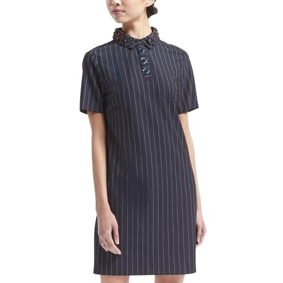 BANANA REPUBLICNavy Blue Polo Style Embellished Collar Pin Striped Dress